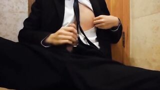 Bareback Student in the WC Takes a Cum Tribute Handjob