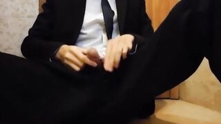 Bareback Student in the WC Takes a Cum Tribute Handjob