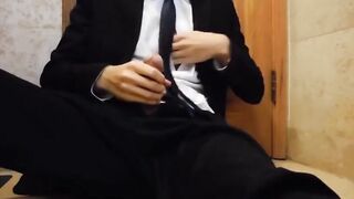 Bareback Student in the WC Takes a Cum Tribute Handjob