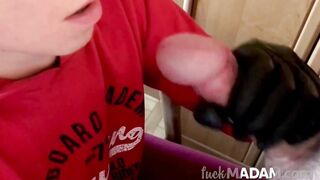 Black-Gloved Girl Mouthful of Cum After a Kinky BDSM Blowjob