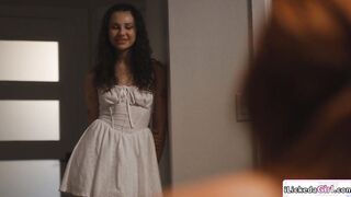 Brunette teen fucked by lesbian stepmoms using strap on
