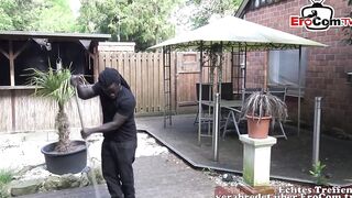 Interracial oral sex on terrace from old MILF