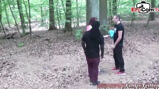 Skinny red haired having a 3some public