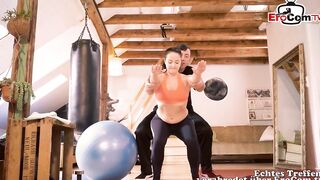 Fitness coach seduces young woman while doing sports