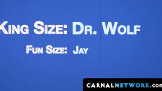 Jay james tastes Dr Wolf's monster cock and eagerly take in as much as he can