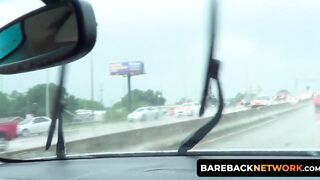 Horny lanky stud Benji Banks strokes his cock in the back seat until he's ready to cu