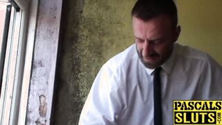 Nasty whore Liz Rainbow squirts a lot at office window
