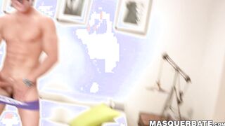 Buff young bloke flexes his big muscles and masturbates solo