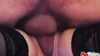 Stockinged goddess gets shaved vagina licked and plowed