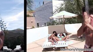 Cutie brunettes gets nailed inside three-way outdoor