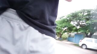 Freeballing Grey Shorts: Flaccid Cock Swinging Outdoors