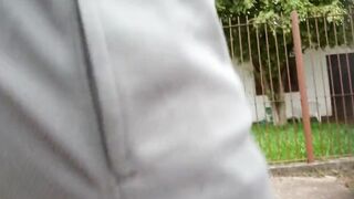 Freeballing Grey Shorts: Flaccid Cock Swinging Outdoors