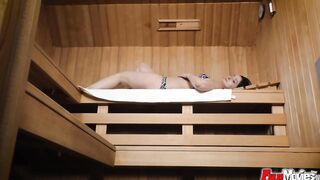 EU mom sucking off cock into the sauna