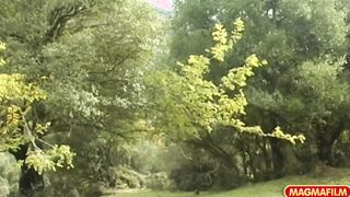 Excited blondie eats cock into the woods