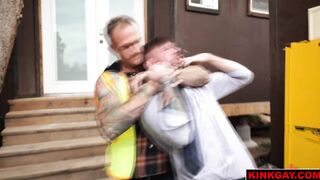Watch how Christian Wilde thrust his own hard cock down Buck Richards throat