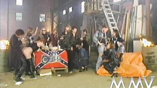 Trashy MILF gets facialized into gang bang