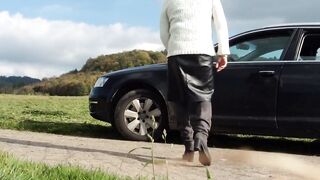 Old Smoking Crossdresser Jacks Off Outdoors