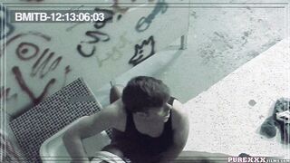 Cutie dark haired mom taking penis inside the restroom
