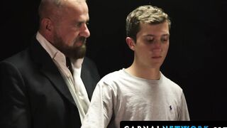 Felix Kamp presses the boy's moaning mouth into his bulging groin after fingering his