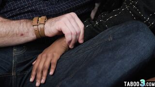 Ebony secretary satisfying a white cock
