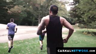 Trainer Dolf's raging boner with a black cock ring makes it way to Ian Levine's anus