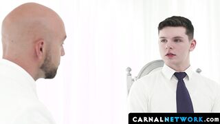 Bald Master Adam Snow sucked the boy's dick and then started fingering his boy hole