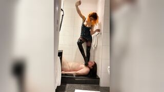Femdom Mistress pissing on her slave