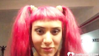 Pink-haired babysitter has fun with a dildo