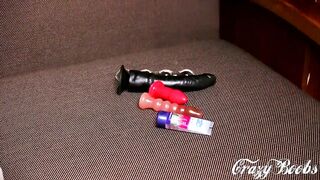 Bombshell fucks herself with dildos into both holes until orgasm