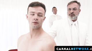 The gay apprentice choked as he blowjobs and deepthroats Kristopher Weston's massive