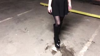 Mistress humiliating her slave in garage
