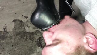 Mistress humiliating her slave in garage