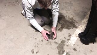 Mistress humiliating her slave in garage