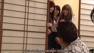 Japanese schoolgirls play truth or dare with mature men and have sex