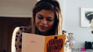 Costumed hispanic Hottie gets cumshot over