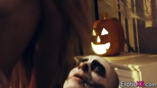 Costumed hispanic Hottie gets cumshot over