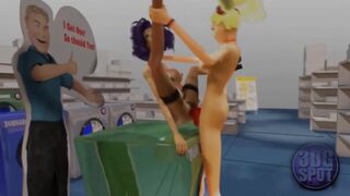 3DGSPOT - 2 Big Titted Lesbians Try Double Vibrator Into A Outside Store! UNCENSORED SEX!