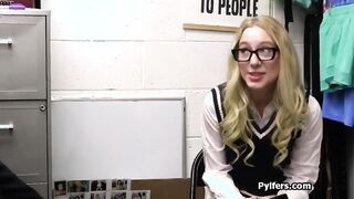 Dress stealing blonde in glasses gags on officers dick