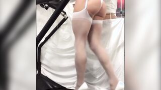 Crossdresser in White Stockings on Treadmill