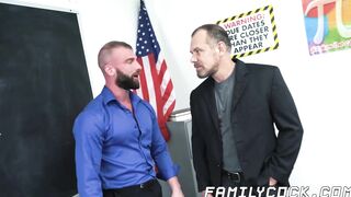 Truant stepson spitroast threesome with teacher and daddy