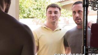 Jock stepsons creampied after bareback foursome with daddies