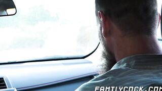 Step daddy bare impales his stepson doggy style while in the car