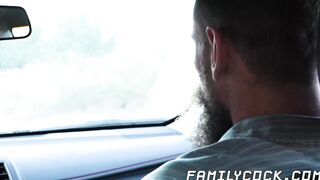 Bearded stepdad bare fucks his cute stepson on the backseat