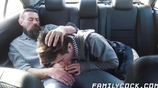 Bearded stepdad bare fucks his cute stepson on the backseat