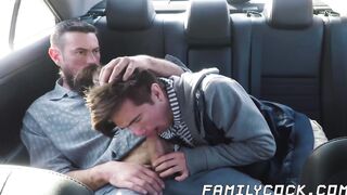 Bearded stepdad bare fucks his cute stepson on the backseat