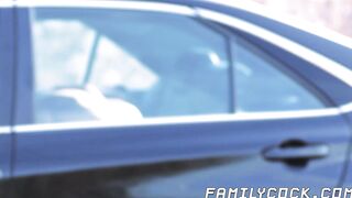 Bearded stepdad bare fucks his cute stepson on the backseat