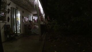 Swinger party patio play, hotwife rides her gf public.
