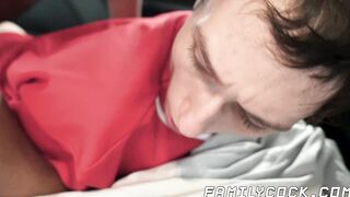 Ebony stud bareback banging his twink stepbrother