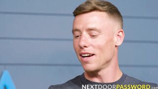 Brawny Justin Mathews and Evan Knoxx fucked the mouth and ass of Trevor Brooks in a f