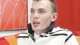 Petite young twink Garrett Emerson wanks off after interview